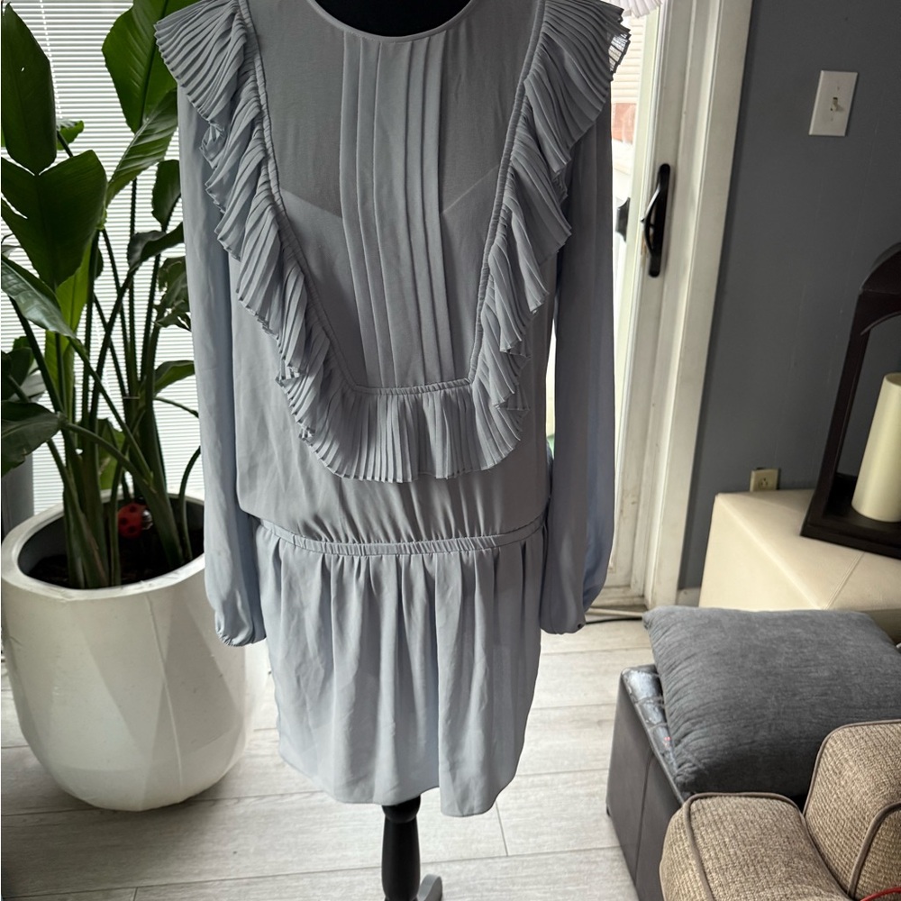 Pleated Ruffle Long-Sleeve Mini Dress - Light Gray